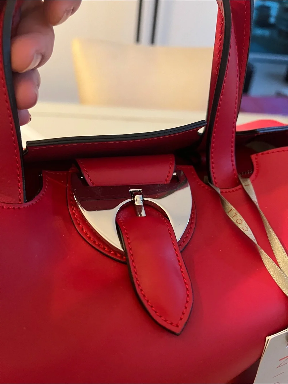 NICOLI Red Leather Satchel with Detachable Strap